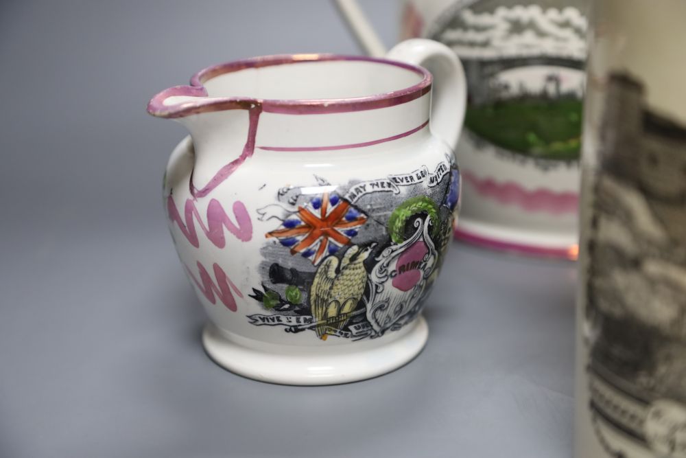 Three Sunderland pink lustre Pearlware jugs and a Sunderland Bridge creamware mug, tallest 19cm